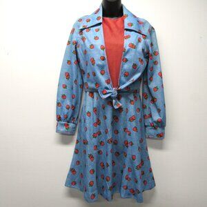 Vintage 70s Melissa Lane Strawberry Print Dress & Tie Jacket Topper Set sz 12